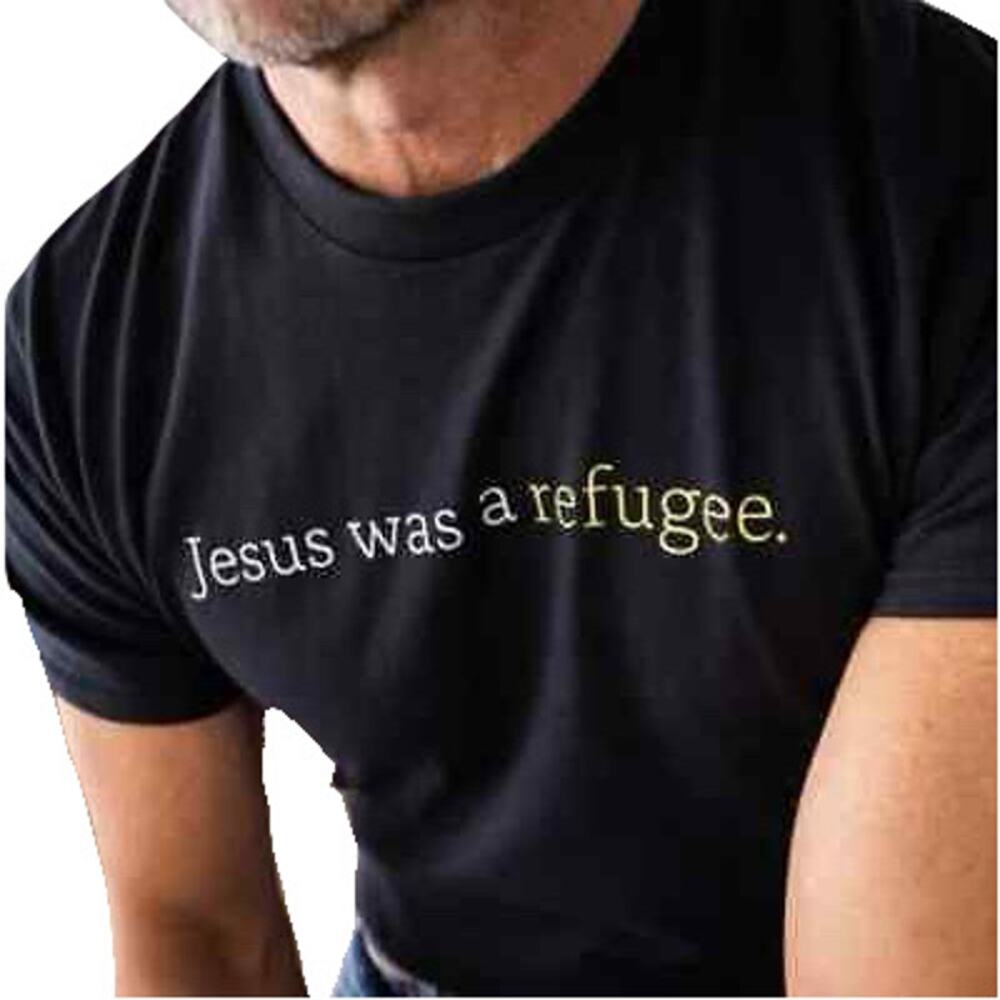 NWT GILDAN Tshirt Men M Jesus Was A Refugee Writing Black Short Sleeve Cotton
